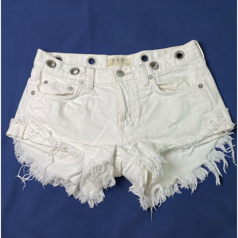 We The Free Shorts Womens 25 Denim Button Fly Distressed Raw Hem Grommet Waist